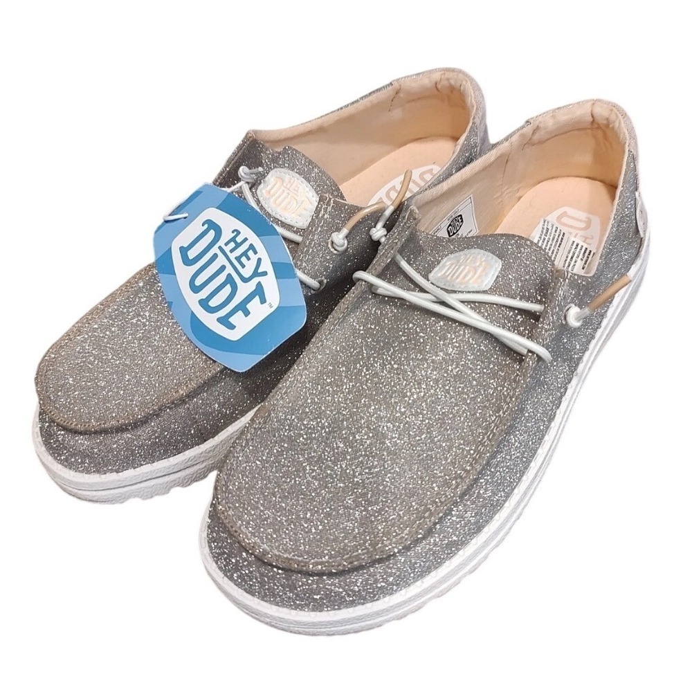 Hey Dude Wendy Shoes Women Size 6 D Silver New Sparkling Glitter Slip On Loafers - Picture 1 of 11